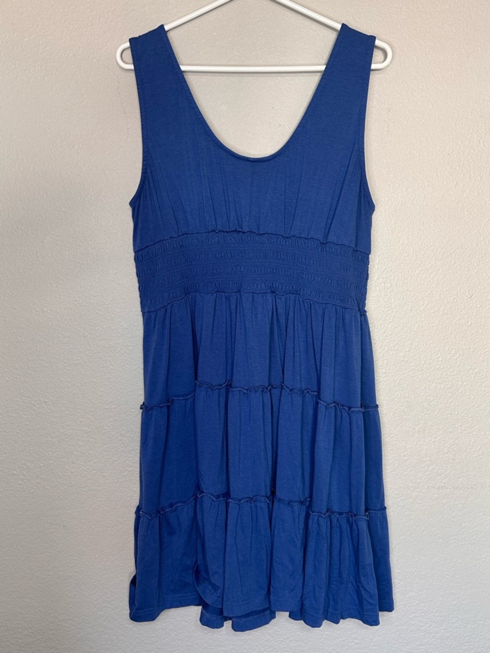 Sleeveless Blue Tiered Button Down Smocked Elastic Waist Summer Dress XL - Picture 3 of 4